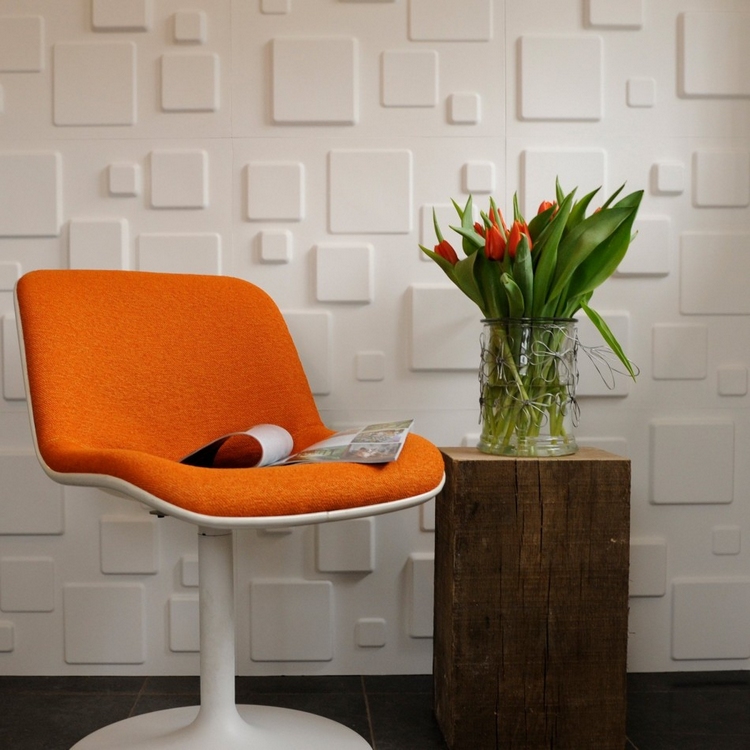 panneau-mural-design-effet-3D-chaise-tulipe-orange-tulipes