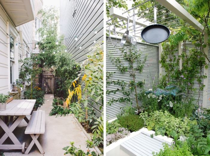 petit jardin coin-repas-meubles-bois-plantes-brise-vue