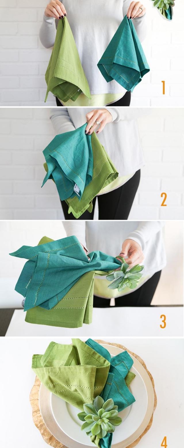 pliage-serviette-tissu-2-couleurs-vert-sarcelle-succulente
