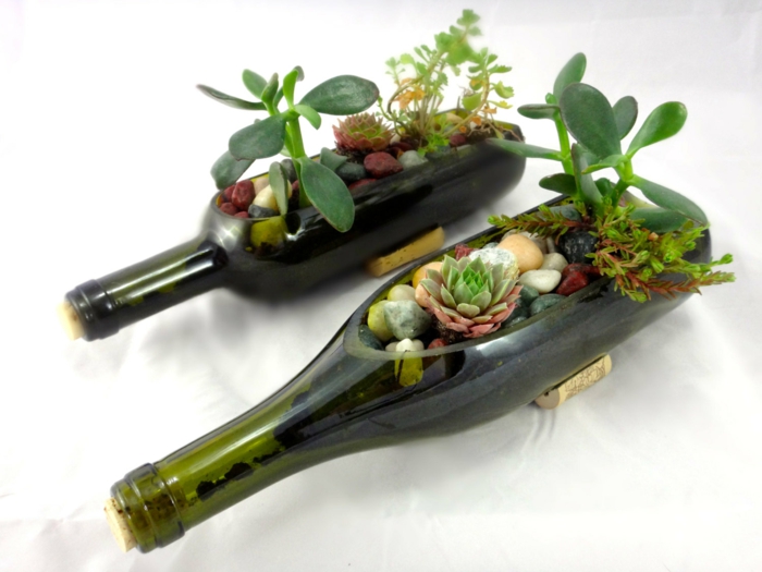 pots de fleurs objets récupération-succulentes-bouteilles-vin