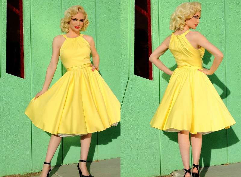 robe-années-50-jaune-jupon-chaussures-bride-cheville