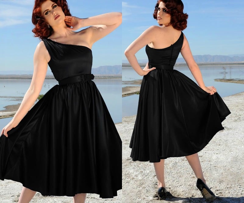 robe-années-50-noire-épaule-asymétrique-occasion-spéciale