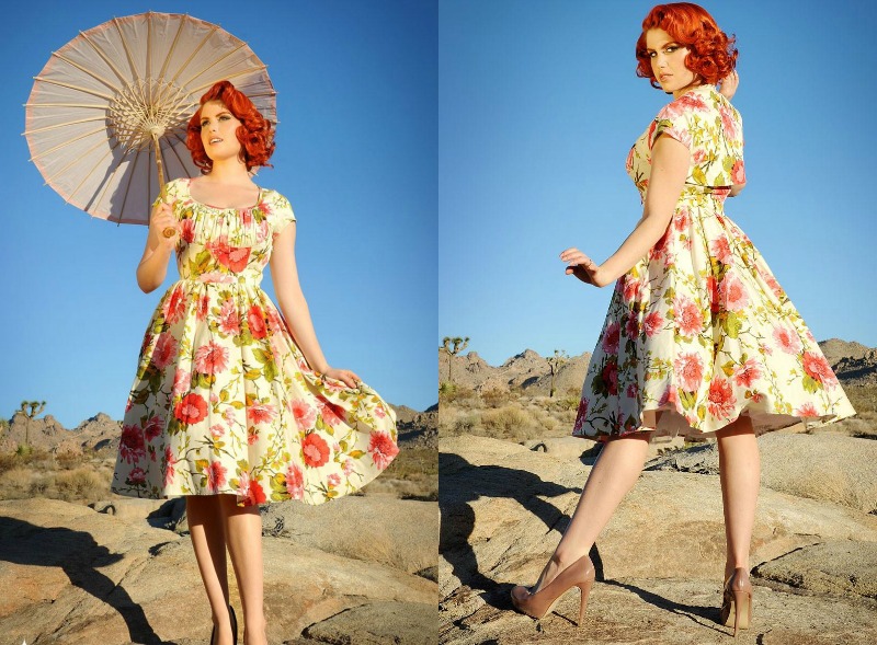 robe-genoux-manches-courtes-imprimé-fleurs-robes-années-50