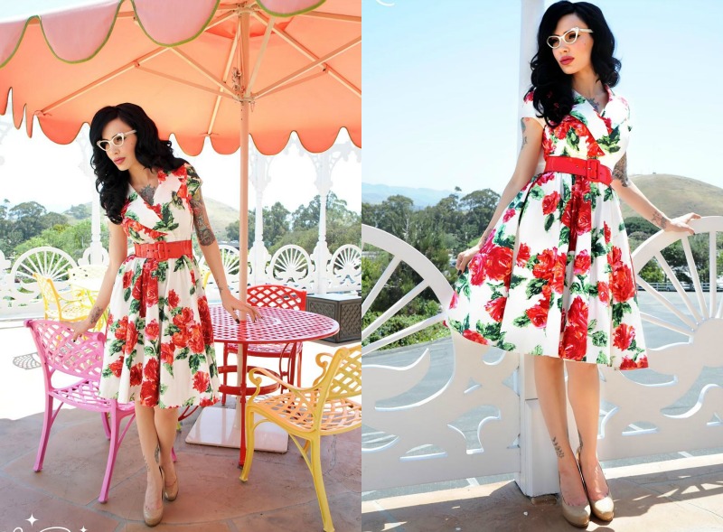 robe-vintage-années-50-blanche-imprimé-fleurs-rouges