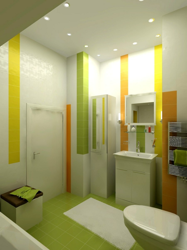 salle-bain-blanche-carrelage-vert-jaune-orange