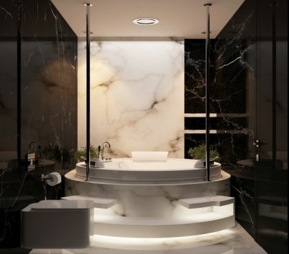 salle de bain de luxe de style moderne marbre-noir-blanc