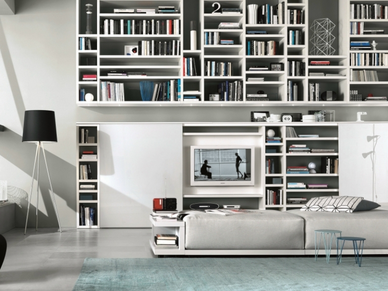 salon-moderne-meuble-télé-bibliothéque-blanc-rangement