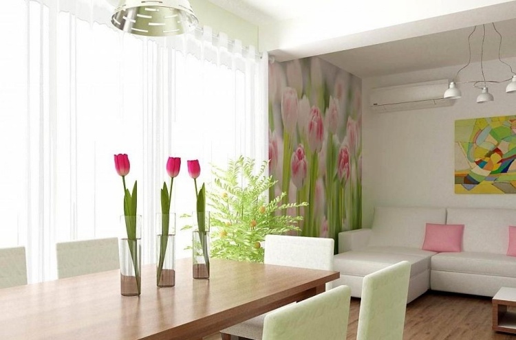 salon-ouvert-salle-manger-papier-peint-fleuri-tulipes-roses