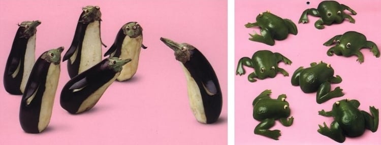 sculpture-fruit-legume-manchots-grenouille-aubergine