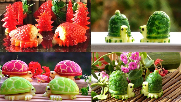sculpture-sur-fruit-tortues-pommes-fraises-concombres