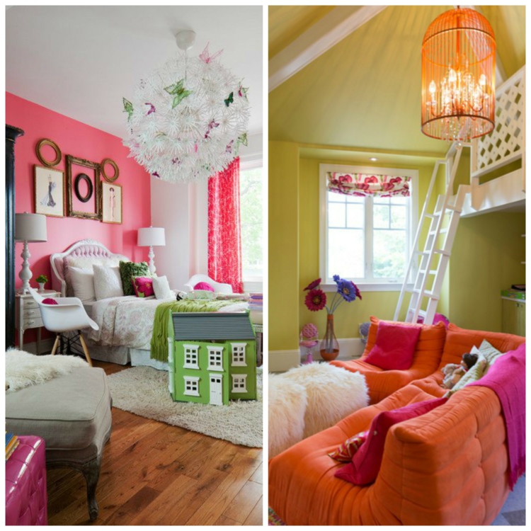 amenagement-chambre-enfant-fille-canapé-orange-fleurs-peinture-murale-rose