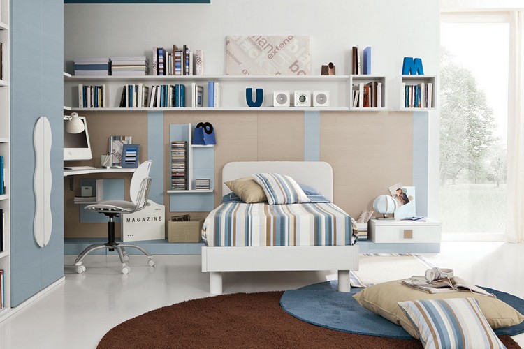 ameublement chambre ado -moderne-blanc-bleu-bois