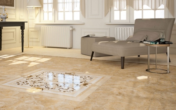 carrelage-marbre-beige-rosace-chaise-longue-grise-table-appoint