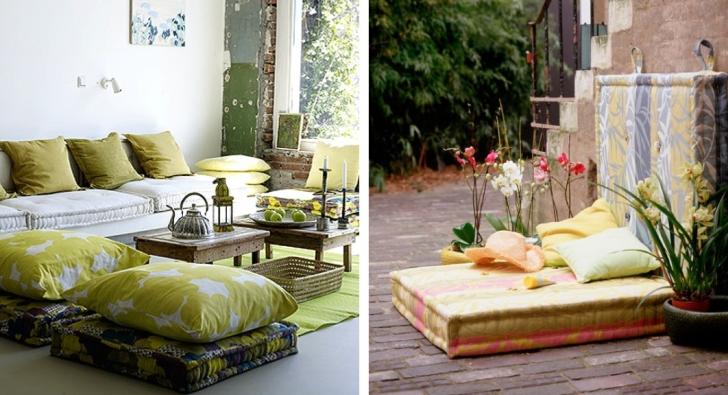 coussin-sol-exterieur-vert-anis-jaune-motifs-tapis-orchidées-table-basse-bois