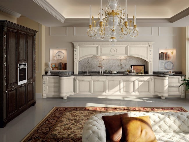 cuisine-bois-classique-armoires-façade-blanc-noir-lustre-classique-tapis-motifs-canapé cuisine en bois classique