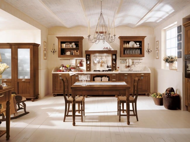 cuisine-bois-classique-lustre-métal-sol-bois-plafond-ondulé cuisine en bois classique