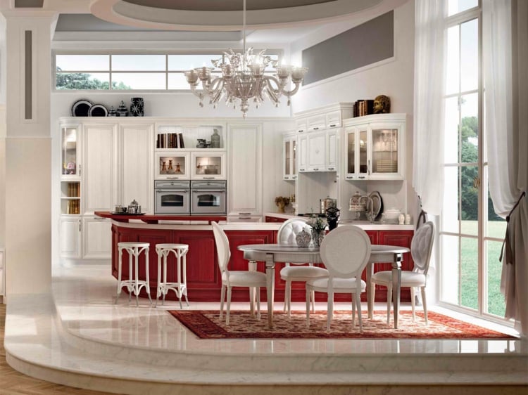 cuisine-bois-classique-pantheon-armoires-rouge-blanc-tapis-lustre-classique-sol-marbre