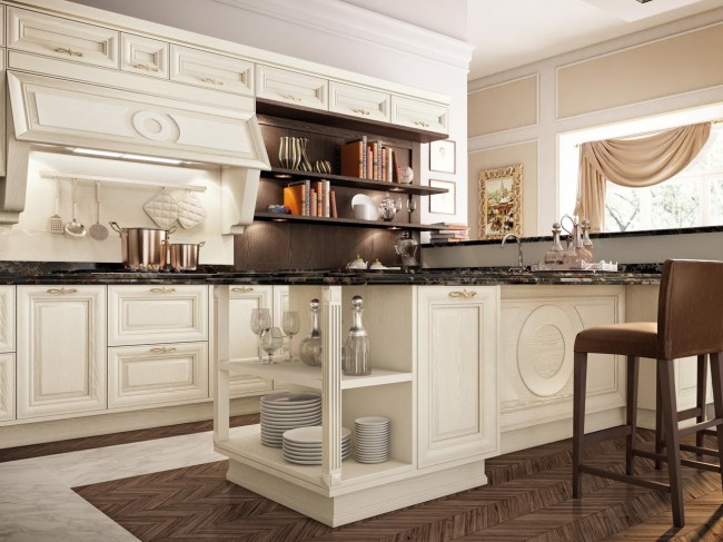 cuisine-bois-classique-plan-travail-marbre-noir-armoires-blanches-parquet