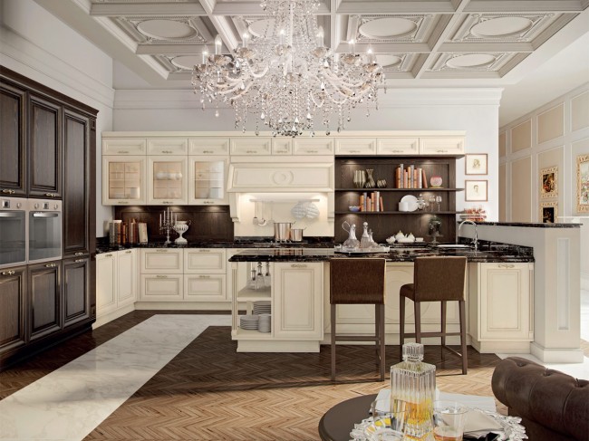 cuisine-bois-classique-sol-marbre-parquet-plafond-suspendu-lustre-cristal cuisine en bois classique