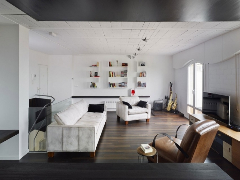 deco-interieur-scandinave-blanc-mobilier-cuir-étagères-murales-meuble-tv