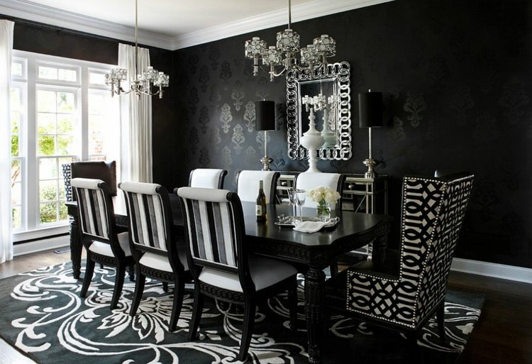 deco-salle-manger-noire-papier-peint-tapis-noir-motifs-floraux déco salle à manger