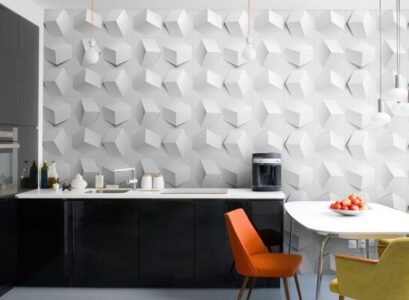 decoration-cuisine-papier-peint-3D-table-rectangulaire-chaises-lavabo