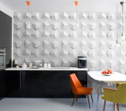 decoration-cuisine-papier-peint-3D-table-rectangulaire-chaises-lavabo