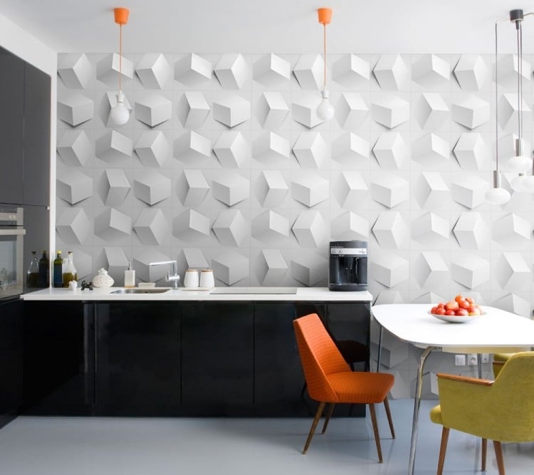 décoration cuisine papier-peint-3D-table-rectangulaire-chaises-lavabo