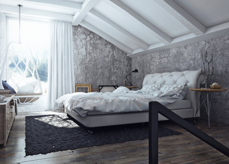 design-chambre-blanche-grise-plafond-mansardé-tête-lit-capitonnée