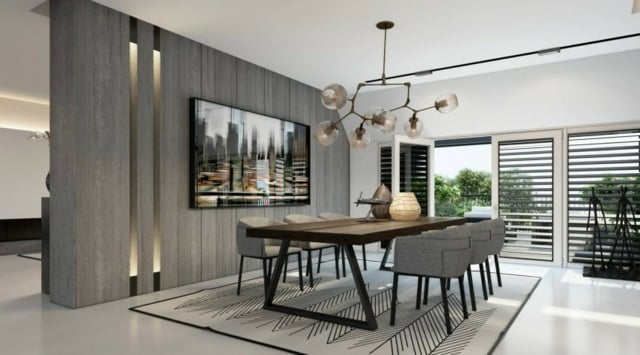 design-salle-manger-cloison-revêtement-décoratif-gris