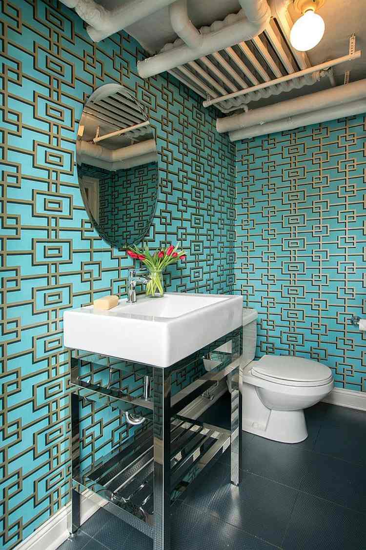 décoration-wc--peinture-murale-turquoise-miroir-rond-vasque-porcelaine