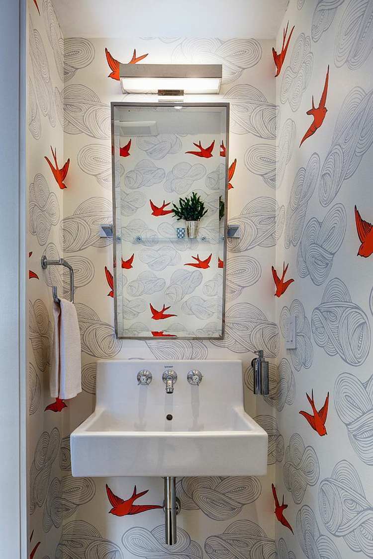 décoration-wc-vasque-porcelaine-peinture-murale-dessin-oiseau-miroir-rectangulaire
