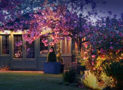eclairage-exterieur-arbre-fleuri-rose-lampes-plafond-maison