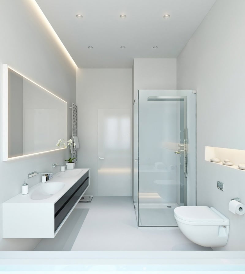 eclairage-led-indirect-salle-bains-blanche-cabine-douche-verre éclairage led indirect