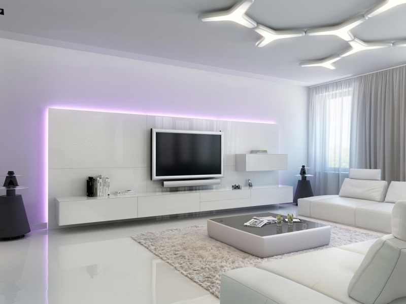 eclairage-led-indirect-salon-blanc-meuble-tv-éclairage-plafonnier-forme-originale