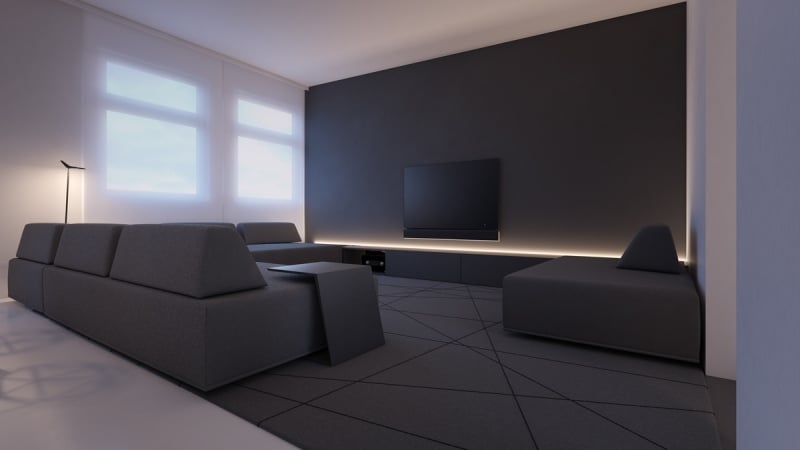 eclairage-led-indirect-salon-minimaliste-gris-fonc-meuble-tv éclairage led indirect