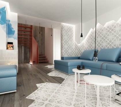 eclairage-led-salon-indirect-panneau-mural-canapé-bleu-tapis-tables-appoint