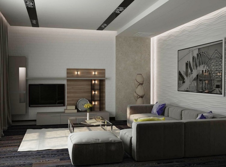 eclairage-led-salon-panneau-mural-3d-blanc-spots-led-meuble-tv éclairage led salon