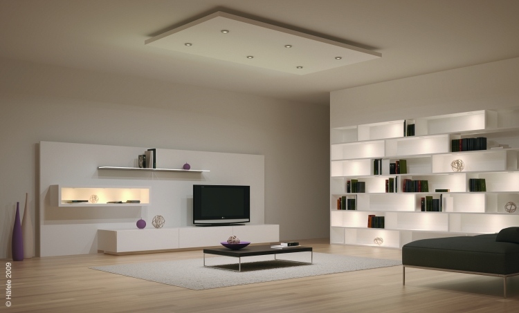 eclairage-led-salon-plafond-décoratif-spots-led-bibliothèque-étagères-lumineuses
