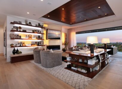 faux-plafond-design-spots-encastres-salon-etageres-murales