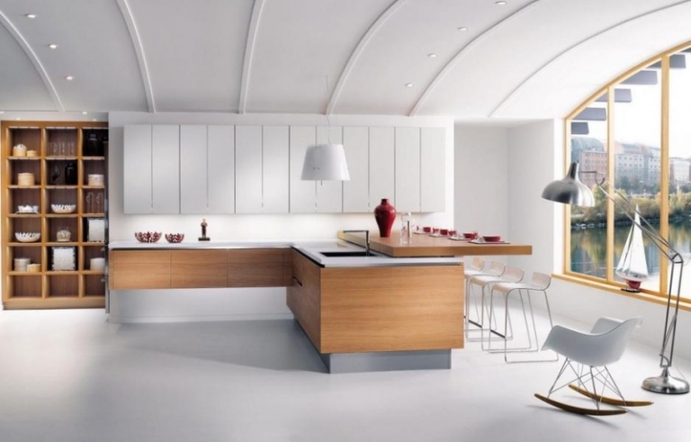 hotte-decorative-design-blance-plan-travail-armoires-blanches-bois-îlot-table