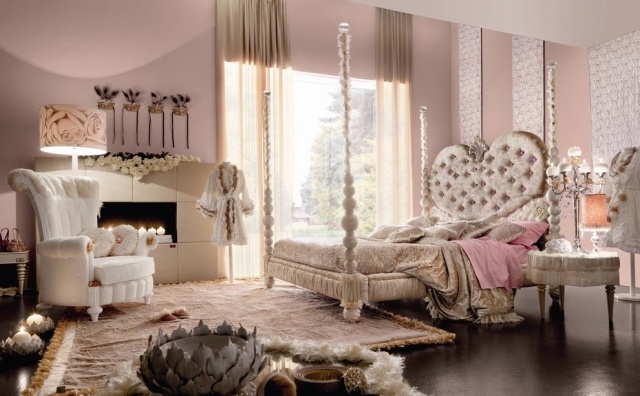 idee-chambre-de-luxe-lit-colonnes-style-romantique-tete-lit-coeur-fauteuil-lampe-poser