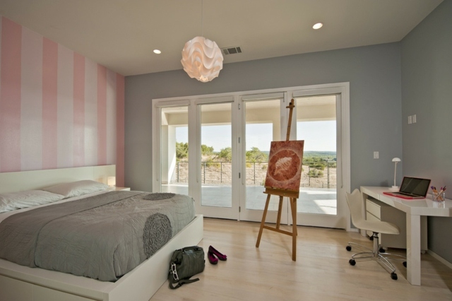 idee-peinture-murale-grise-chambre-coucher--rose-blanc-grand-lit-tableau