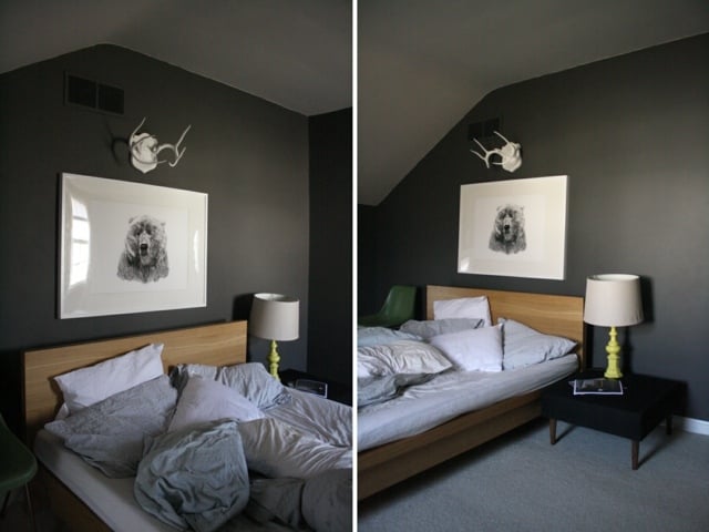 idee-peinture-murale-grise-chambre-coucher--tableau-murale-lampe-poser-table-chevet