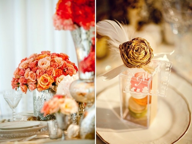 idees-decoration-mariage-bouquet-roses-cadeau-invité-macarons-fleur-décorative-plume