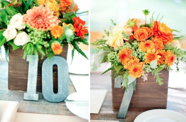 idees-decoration-mariage-bouquets-fleurs-orange-boîte-bois-numéro-table idées décoration mariage