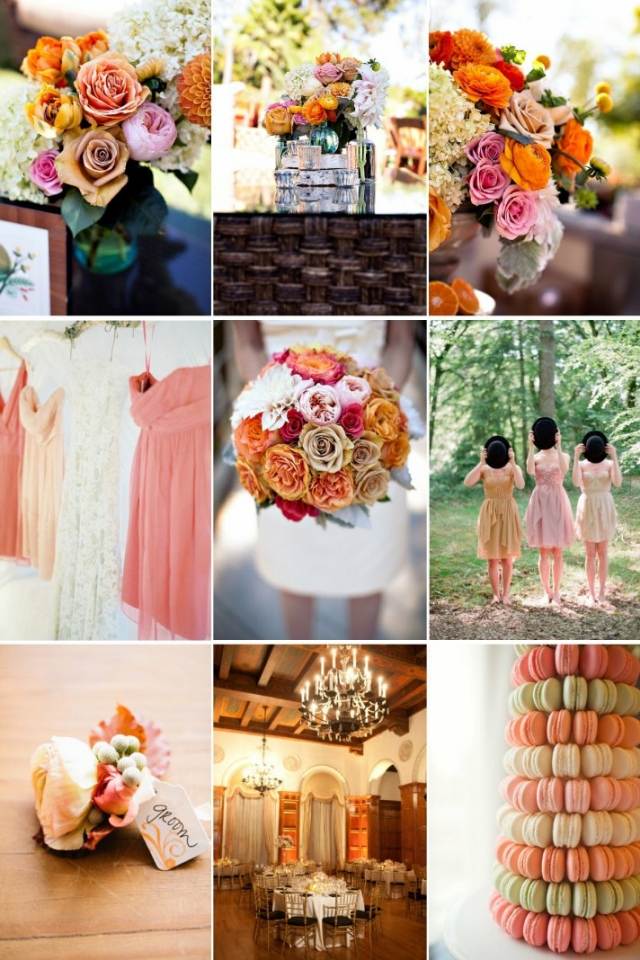 idees-decoration-mariage-bouquets-fleurs-rose-orange-robes-demoiselles-honneur