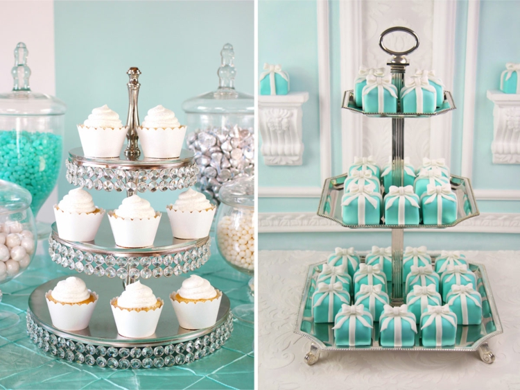 idees-decoration-mariage-palette-turquoise-petits-gâteau-écrins-rubans-blancs