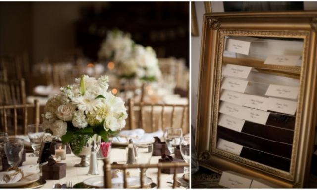 idees-decoration-mariage-vintage-fleurs-blanches-cadre-or-noms-table idées décoration mariage