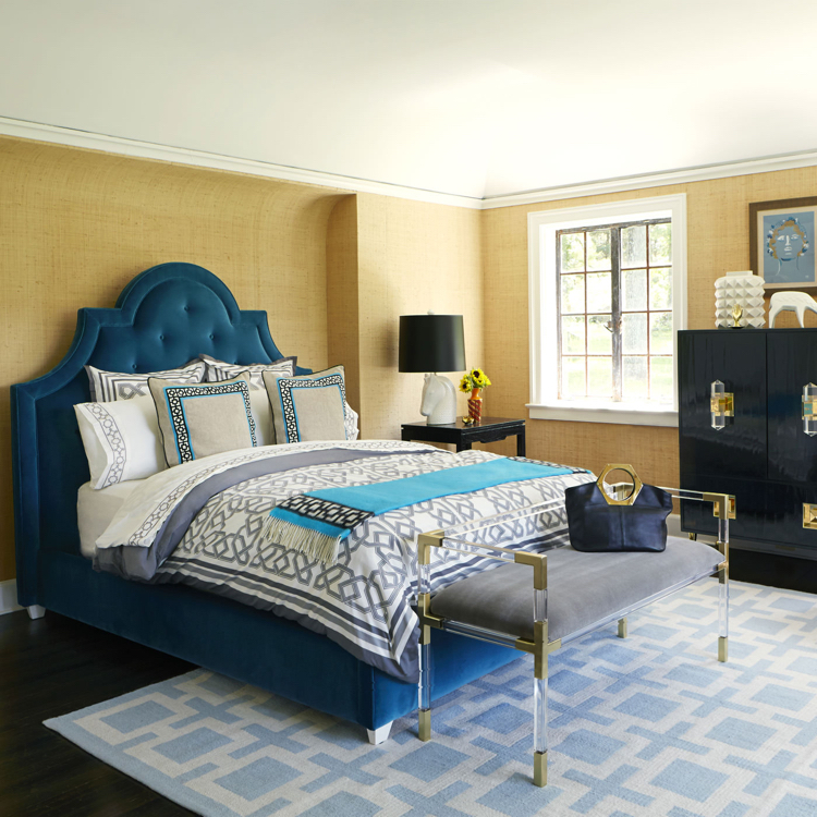 idée chambre -luxe-lit-bleu-pétrole-banc-acrylique